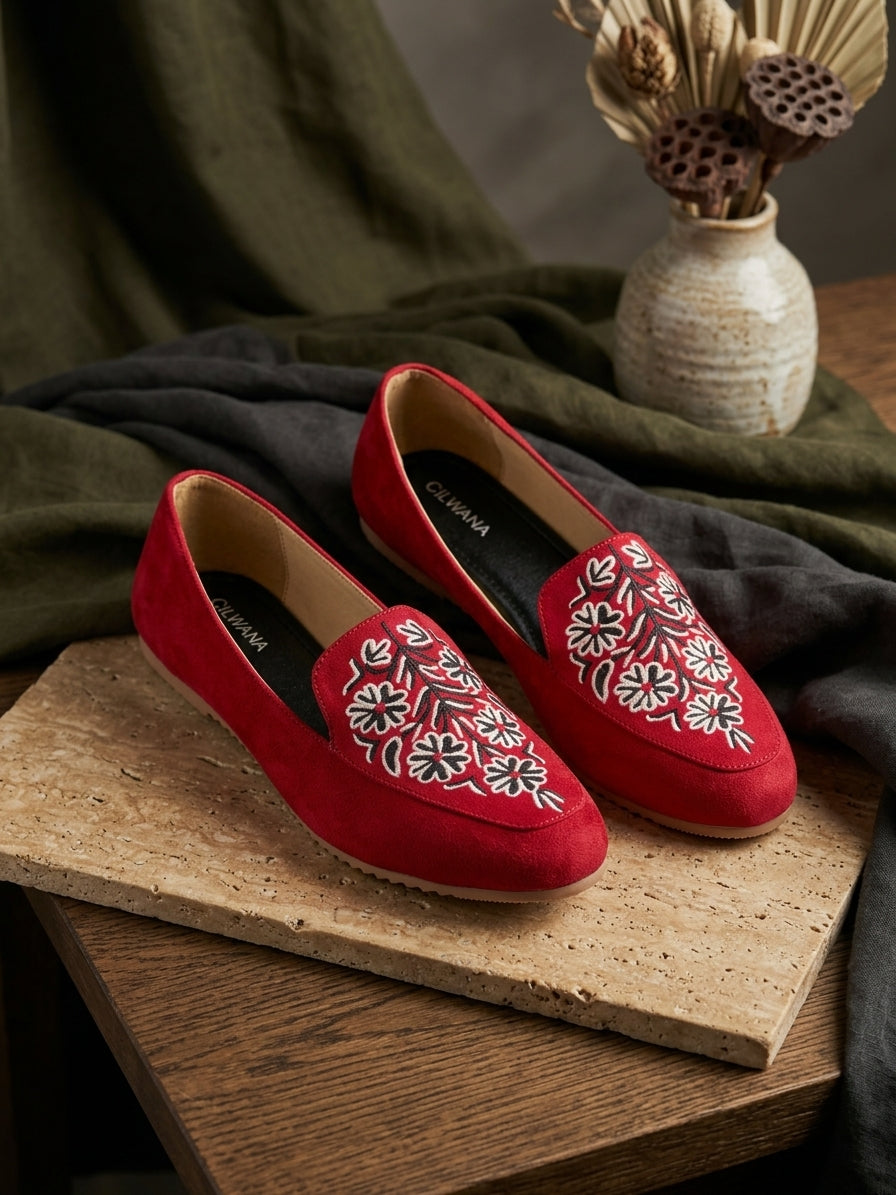 Bright Red Multi Floral Aari Shoes