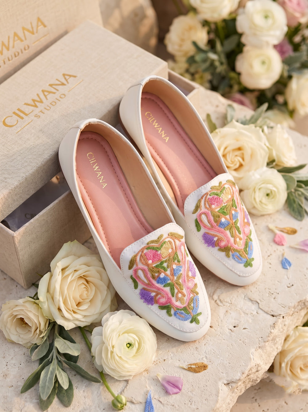 White Floral Aari Shoes